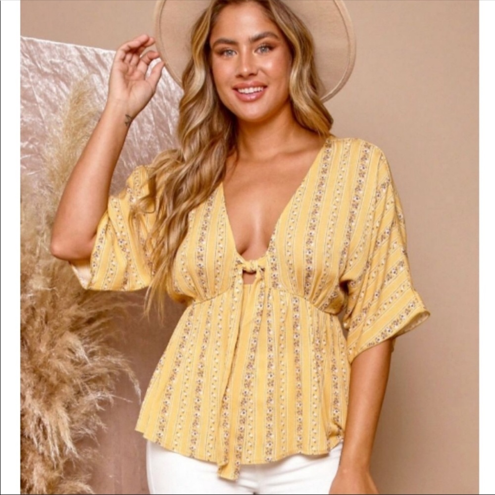 Yellow Mustard Deep V Neckline Floral Striped Babydoll Top - Picture 6 of 8